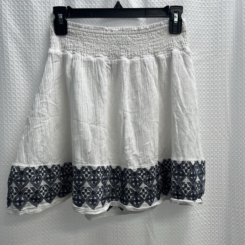 Old Navy White Linen Blend Blue‎ Embroidered Gauzy Mini Skirt XS Boho Beach